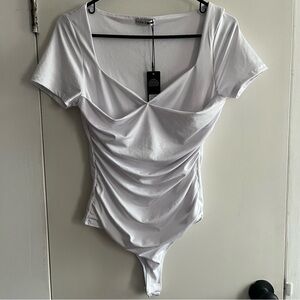 Fashion Nova Elegant White Ruched Bodysuit